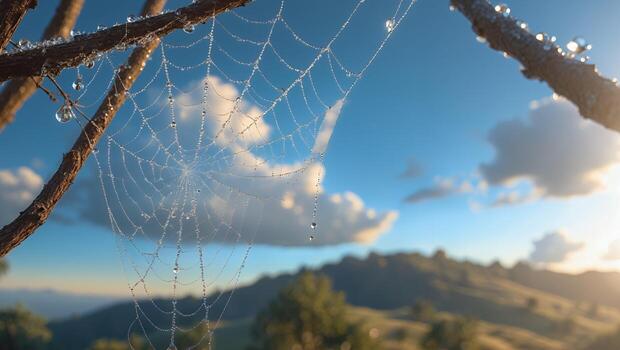Spiderweb with Dewdrops in Morning Light Overlooking Rolling Hills photo