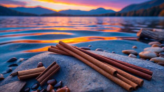 Cinnamon Sticks Resting on Lakeside Rock at Sunset with Water Reflection photo