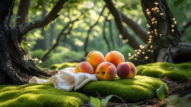 Peaches Resting on Moss in Forest with Natural Light photo