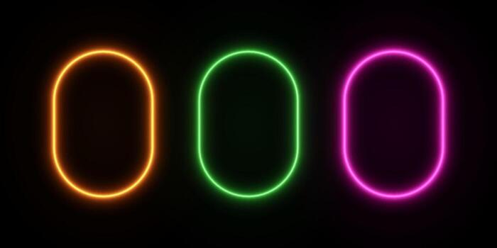 Neon light of a rectangle rounded frame. LED glow of a portal. Set of fluorescent oval doors on a black isolated background. vector