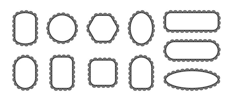 Frame with scallop pattern on edge. Lace borders of geometric shapes ellipse, circle and square. Set of black blank templates for design isolated on white background. vector