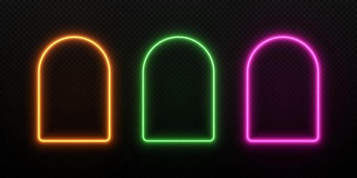 Neon LED arch light. Portal door frame border with laser glow in gold, green and pink. Set of portal templates isolated on dark background. vector