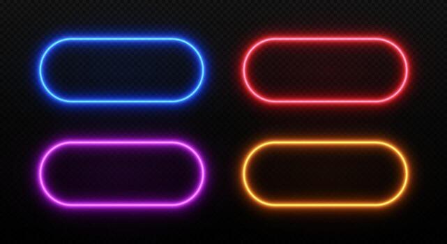 Light of rectangle neon frame. Glow of led rounded border. Set of laser templates isolated on dark transparent background. vector