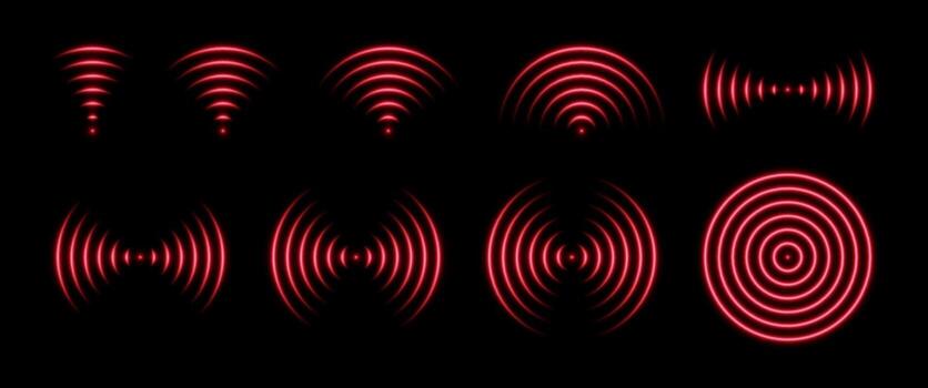 Radar waves with neon glow. Wifi signal sensor and radio frequencies. Scanning and detecting obstacles or target. Set of red abstract symbols. vector