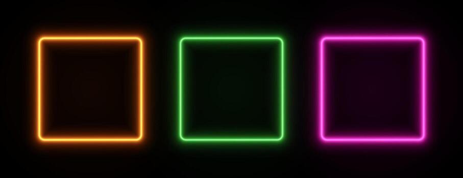 Neon square frame glow. Box border led light. Set of laser fluorescent templates for game design isolated on dark background. vector