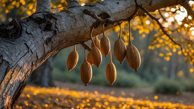 Tree Branch with Hanging Pods in Autumn Forest Scenery photo