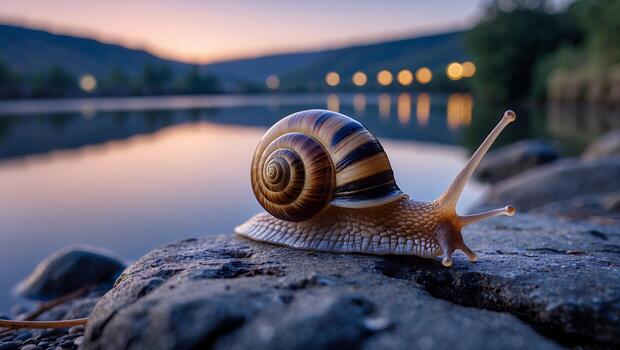 Snail Crawling on Rock Near Lake at Dusk for Nature Concept photo