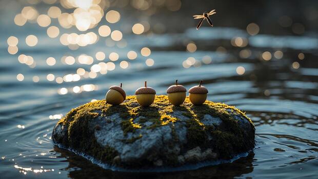 Acorns Resting on Mossy Rock in Sparkling Water with Dragonfly photo