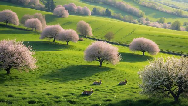 Rabbits in Spring Meadow with Blossoming Trees and Rolling Hills photo