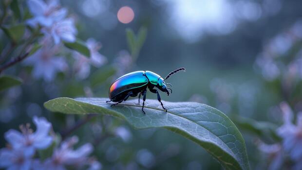 Iridescent Beetle Resting on a Green Leaf in Natural Light photo