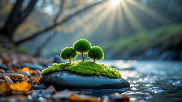 Miniature Trees on Mossy Rock by River with Sunlight Shining Through photo