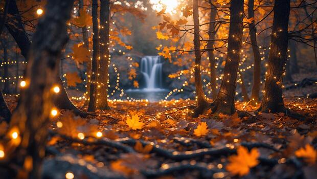 Autumn Forest with Waterfall and Glowing Lights Creating a Magical Scene photo