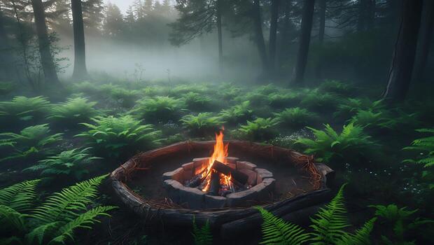 Burning Campfire in Forest Clearing with Ferns and Misty Atmosphere photo
