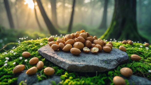 Pile of Almonds on Stone Slab in Misty Forest Setting photo