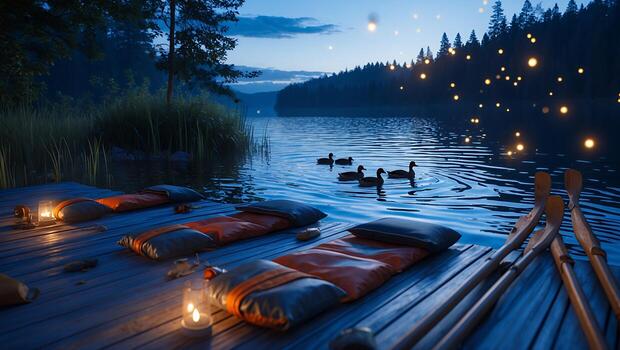 Relaxing Lakeside Scene at Dusk with Ducks and Cozy Atmosphere photo