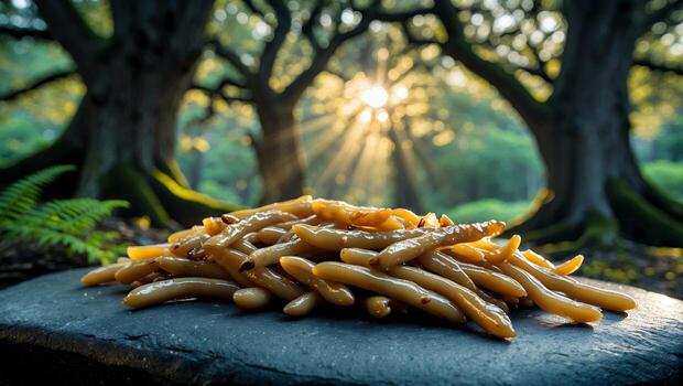 Handmade Pasta Displayed on Stone with Forest Backdrop at Sunset photo