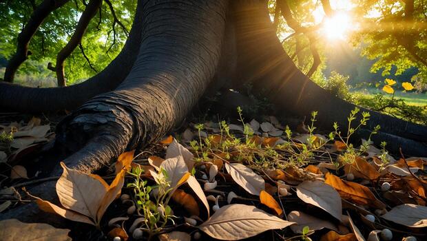 Tree Roots and Fallen Leaves in the Forest at Sunset photo