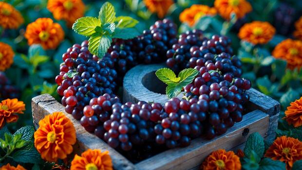 Grapes with Mint in Rustic Wood Box Surrounded by Flowers photo