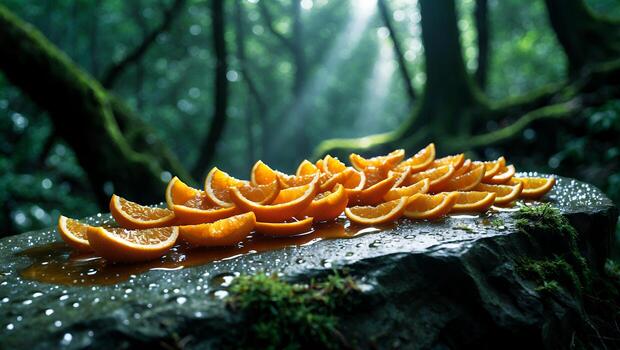 Arrangement of Orange Slices on a Stone Slab in a Forest Setting photo