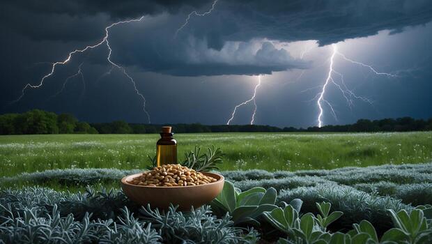 Oil Bottle with Seeds on Field During Lightning Storm Backdrop photo