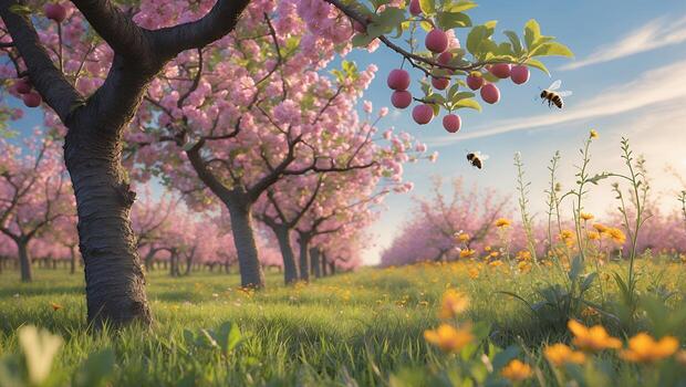 Blossom Orchard Scene with Flying Bees and Meadow Flowers in Spring photo