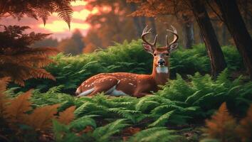 Majestic deer resting among vibrant ferns during a serene sunset in a tranquil forest setting photo