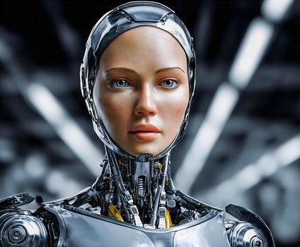 Humanoid robot face with artificial intelligence concept render photo