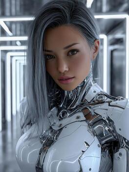 Futuristic woman in robotic armor stands in a glowing corridor photo