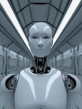 Artificial intelligence robot in futuristic corridor photo