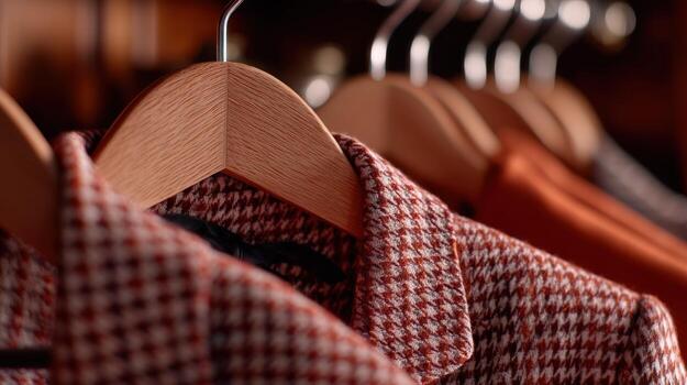 Close-up of patterned jackets hanging in a closet indoors photo