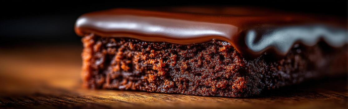 Close-up of a chocolate brownie with smooth ganache on wooden surface photo