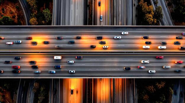 Rush hour traffic moves quickly on a busy highway in Los Angeles photo