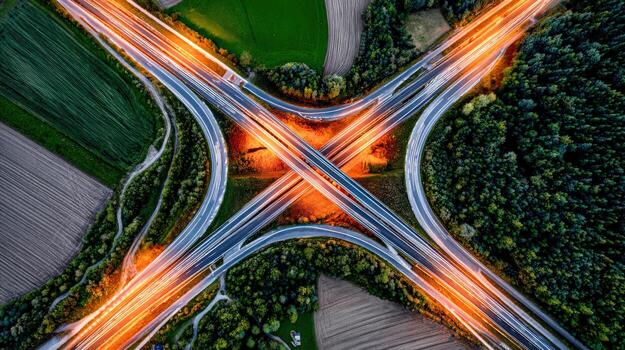 Aerial view of light trails on highway interchange at twilight photo