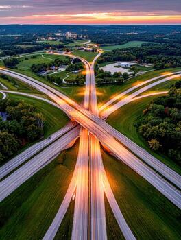 Aerial view of highway interchange during sunset in Wisconsin photo