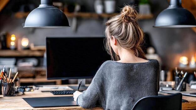Woman working on computer at desk in home office during daytime photo