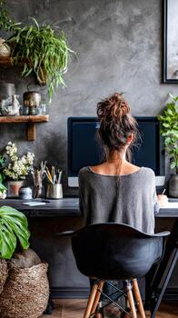 Woman working at computer desk in a home office during day photo