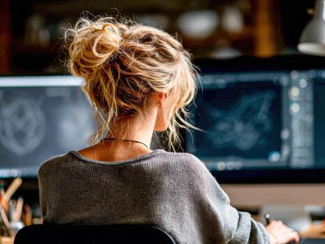 A woman sitting at a desk with two computer screens photo