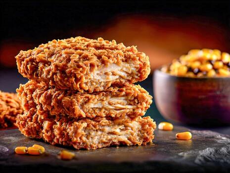 Crispy fried chicken pieces are stacked with corn kernels photo