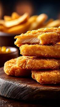 Stacked crispy chicken nuggets served with fries and sauce photo