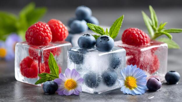 Fresh raspberries and blueberries frozen in ice cubes with mint leaves and flowers.. photo