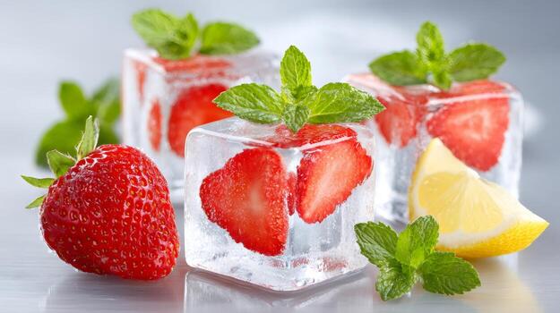 Fresh strawberries and lemon frozen in ice cubes with mint leaves photo