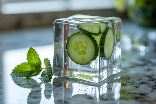 Cucumber slices and mint leaves frozen in ice cube on marble table photo