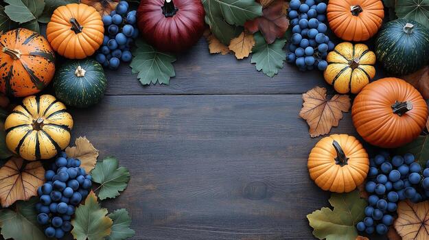 Flat lay arrangement of autumnal items on a dark wooden background. Decorative pumpkins, bunches of dark blue grapes, and vine leaves, creating a frame around an empty central space photo