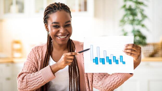 Smiling Black Financial Analyst Woman Making Teleconference From Home, Showing Financial Report With Graphs And Charts At Camera, Doing Virtual Presentation, Screenshot View With Free Space photo