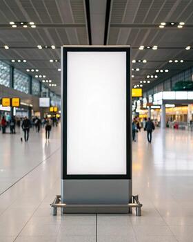 An empty billboard in an airport with people walking around photo