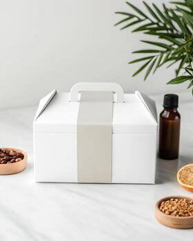 A white box with a ribbon and a plant on a table photo