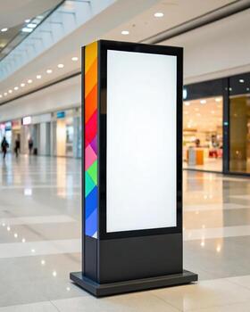 A large billboard in a mall with a rainbow background photo