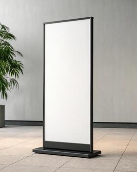 A white blank sign on a stand in front of a plant photo