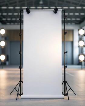 Blank white photo studio backdrop with lighting
