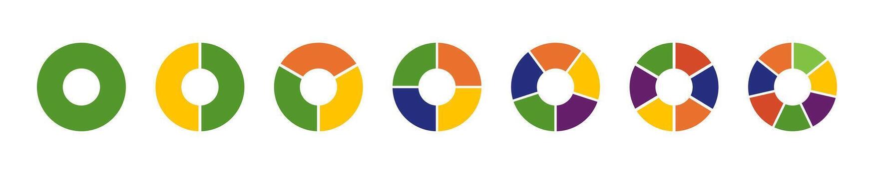 Multicoloured diagrams infographic. Circle section graph. Wheels divided in sections. Multicolored donut charts, pies segmented on from 1 to 7 equal parts. Loading bar mockup. Pie, pizza chart round vector